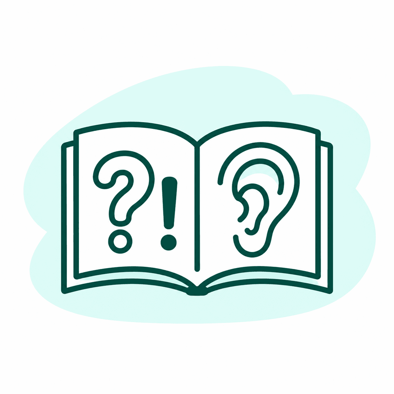 Offenes Buch mit Fragezeichen, Ausrufezeichen und Ohr