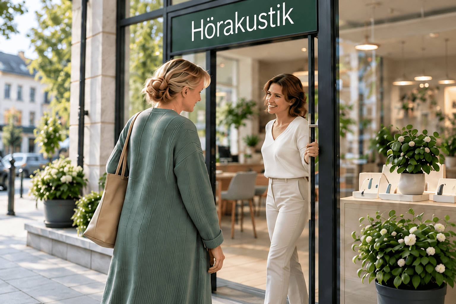 Eine Frau wird an der geöffneten Tür eines Hörakustik-Fachgeschäfts willkommen geheißen. KI-generierte Beispielszene.